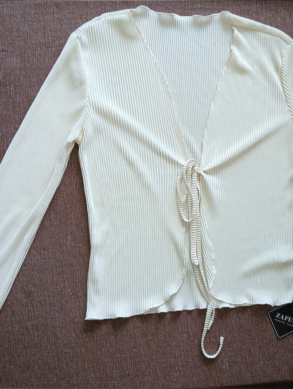Zaful Cream Ribbed Long Sleeve Tie-Front Top